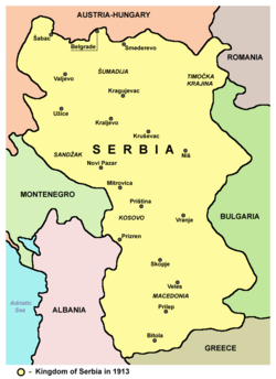 Division of Kosovo Vilayet between the Kingdom of Serbia (yellow) and the Kingdom of Montenegro (green) following the Balkan Wars in 1913