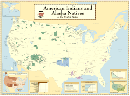 This U.S. Census Bureau map depicts the locations of differing Native American groups, including Indian reservations, as of 2000; present-day Oklahoma in the Southwestern United States, which was once designated as an Indian Territory before Oklahoma's statehood in 1907, is highlighted in blue.