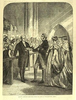 An artist's impression of Queen Caroline and Lord Hood being refused entry to the abbey by a doorman