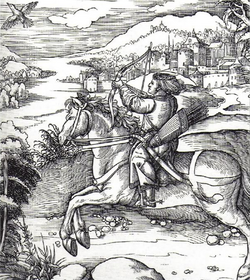 Hunting for flying birds from the back of a galloping horse was considered the top category of archery. The favourite hobby of Prince Maximilian, engraved by Dürer