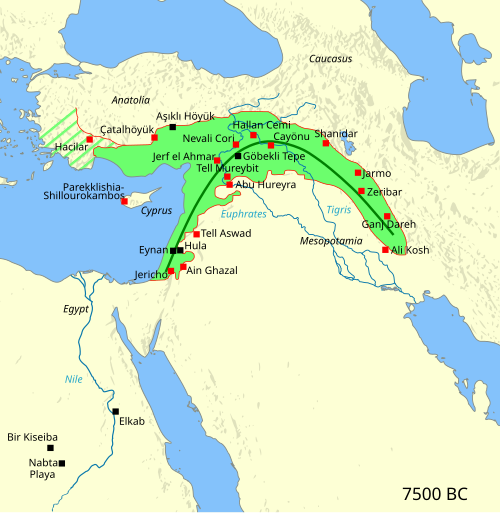 The Fertile Crescent in 7500 BC. The red squares designate farming villages.