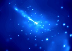 An image, all blue, of Centaurus A's active galactic nucleus as a bright spot in the center with a bright relativistic jet going away from it.