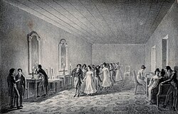 "Tertulia in a house of a very hospitable family of Santiago de Chile", in 1821, by Scharf and Schmidtmeyer. John Carter Brown Library.[25]