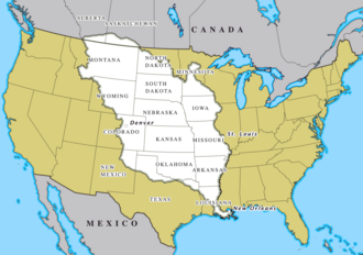 Areas of Spanish Louisiana around 1803 overlaid over the current American states that it encompassed.