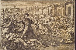 Conquest of Mosul (Nineveh) by Mustafa Pasha in 1631, a Turkish soldier in the foreground holding a severed head. L., C. (Stecher) 1631 -1650