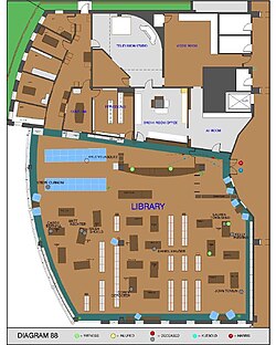 An FBI diagram of the library, with locations of fatalities. Harris' and Klebold's bodies were found in the bottom left corner.