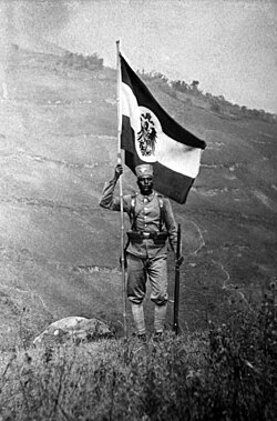 An East African Askari soldier holding Germany's colonial flag