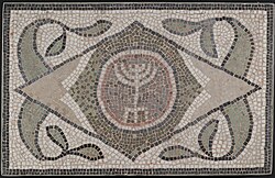 Mosaic of Menorah from Hammam Lif synagogue, Tunisia, 6th c. Brooklyn Museum