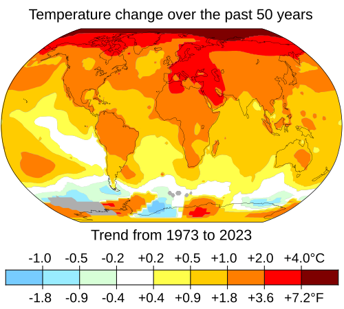 Surface air temperature change over the past 50 years.[30]