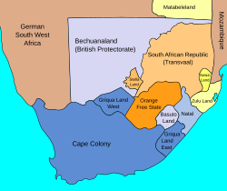 Map of the Cape of Good Hope in 1885 (blue). The areas of Griqualand West and Griqualand East were annexed to the Cape Colony around 1880.