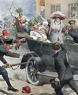 The assassination of Archduke Franz Ferdinand of Austria and Sophie, Duchess of Hohenberg by Gavrilo Princip in Sarajevo, 28 June 1914