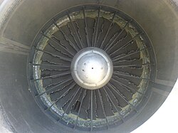View of fan blades of a Pratt & Whitney JT8D jet engine after a bird strike