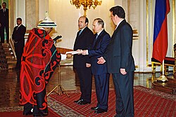 Tekiso Hati, ambassador of the Kingdom of Lesotho, presenting his credentials to Russian president Vladimir Putin