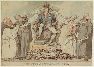 Caricature by Thomas Rowlandson titled Privy Council of a King (1815); enthroned is George IV, then Prince Regent.