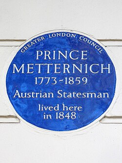 Blue plaque in Eaton Square commemorating one of Metternich's London residences during his exile