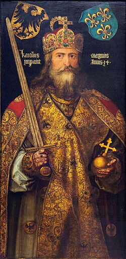 Charlemagne, by Albrecht Dürer. The anachronistic coats-of-arms above him show the German eagle and the French fleur-de-lis