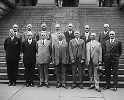 Corps area commanders and division commanders meet with the army chief of staff, Major General Charles Pelot Summerall, at the War Department, May 1927. Stood in the front row, first on the left, is Major General Douglas MacArthur, commanding the Third Corps Area.