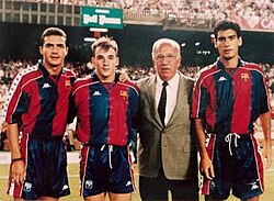 21-year-old Guardiola (right), pictured with FC Barcelona teammates Guillermo Amor, Albert Ferrer, and club vice-president Josep Mussons, in 1992