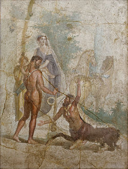 A fresco from Pompeii depicting Hercules, Hyllus, Deianira, and the centaur Nessus from Greco-Roman mythology, 30–45 AD