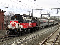 A GP40 in Shore Line East service in 2015, painted in New Haven colors to commemorate the former railroad.
