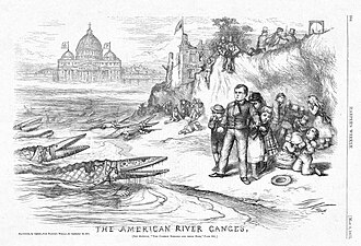 A notable 1875 editorial cartoon by Thomas Nast, a German immigrant to the United States who had been raised as a Catholic. It portrays bishops as crocodiles who are attacking public schools, with the connivance of Irish Catholic politicians. Published in Harper's Weekly, May 8, 1875