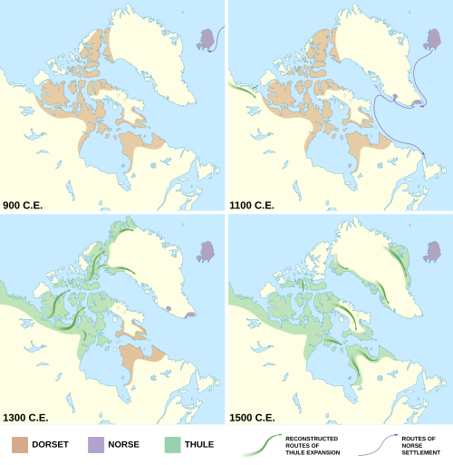 Estimated extent of Arctic cultures in Greenland from 900 AD to 1500 AD. Coloured areas on each map indicate the extent and migration patterns over time of the Dorset, Thule, and Norse cultures.