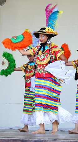 Nicaraguan women wearing the Mestizaje costume, which is a traditional costume worn to dance the Mestizaje dance. The costume demonstrates the Spanish influence upon Nicaraguan clothing.[298]