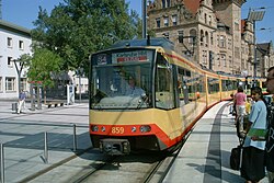 Heilbronn/Karlsruhe Stadtbahn train pulling into the station outside of Heilbronn Hauptbahnhof