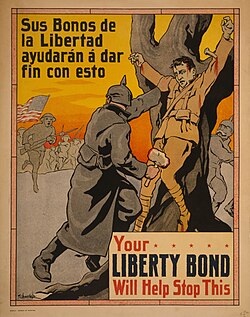 Filipino poster showing German soldiers nailing a man to a tree, as US soldiers come to his rescue, 1917