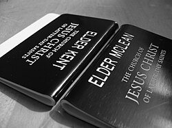 The iconic black name tags of missionaries of the Church of Jesus Christ of Latter-day Saints