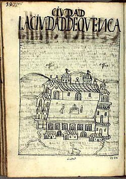 Cuenca in 1615 by the Inca painter Guamán Poma in his work "Nueva corónica y buen gobierno". Royal Library, Denmark.[12]