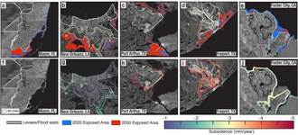 Flood maps of American cities indicating areas susceptible to flooding in the future.