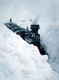 A snow blockade in southern Minnesota, central US. On March 29, 1881, snowdrifts in Minnesota were higher than locomotives.