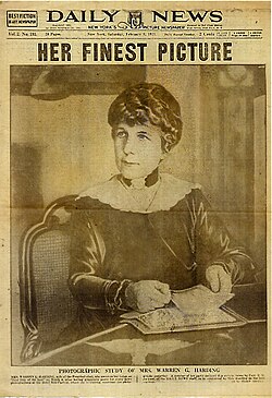 Front page from February 5, 1921, featuring Florence Harding, wife of President-elect Warren G. Harding