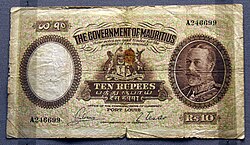 Rs. 10/- banknote, Government of Mauritius, 1930. On display at the British Museum in London