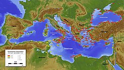 Map of Phoenician (in yellow) and Greek colonies (in red) about 8th to 6th century BC.