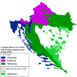 Location map of dialects in Croatia and areas in Bosnia and Herzegovina with Croat majority. Chakavian in blue.