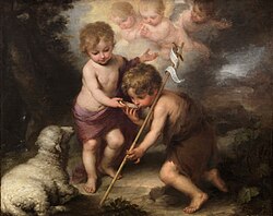 John the Baptist (right) with the Christ Child, in The Holy Children with a Shell by Bartolomé Esteban Murillo