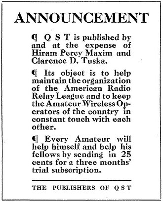Announcement about the establishment of QST magazine that appeared in the debut December 1915 issue