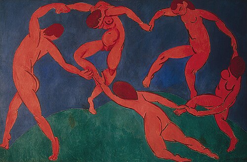 Henri Matisse, The Dance, 1910, Hermitage Museum, St. Petersburg, Russia. At the beginning of the 20th century, Henri Matisse and several other young artists, including the pre-cubist Georges Braque, André Derain, Raoul Dufy and Maurice de Vlaminck revolutionized the Paris art world with "wild", multi-colored, expressive landscapes and figure paintings that the critics called Fauvism. Henri Matisse's second version of The Dance signifies a key point in his career and in the development of modern painting.[71]