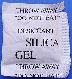 Desiccant bag (silica gel), commonly included in packages containing electronic products to control humidity