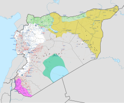 Military situation after the fall of the Assad regime in December 2024.Territories controlled by the Hay'at Tahrir al-Sham (white) and SOR (pink), Turkey and SNA (light green), the United States and SDF (yellow), IS (grey), the Syrian uncertain/mixed (red/light grey), the United States and SFA (teal), Israeli occupation (blue).
