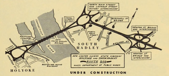 Map of the Muller Bridge and South Hadley Falls Interchange Project; constructed in 1958-1959 for $3 million ($26.8 million in 2019 USD), the highway system was also created as a support route for the then-proposed Interstate 91[2]