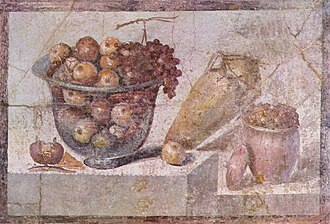 Glass bowl of fruit and vases. Roman wall painting in Pompeii (around 70 AD), Naples National Archaeological Museum, Naples, Italy