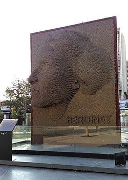 "Heroinat" (Heroines) monument in Pristina. It is dedicated to women victims of sexual violence perpetrated by Serbian forces, during the Kosovo War, of which the vast majority were Albanian women.[143]