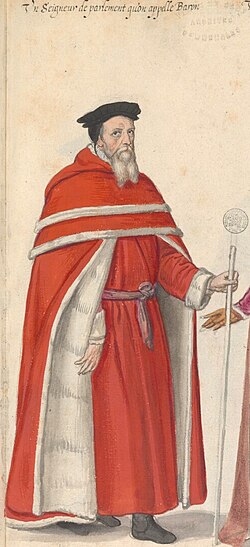 A lord of Parliament, also called a baron, illustrated in the manuscript "Théâtre de tous les peuples et nations de la terre avec leurs habits et ornemens divers, tant anciens que modernes, diligemment depeints au naturel". Painted by Lucas d'Heere in the second half of the 16th century. Preserved in the Ghent University Library.[4]