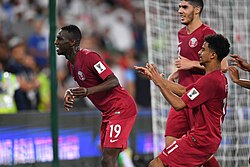 Almoez Ali celebrates after scoring the second goal.