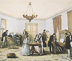Painting of 1840 by Claude Gay depicting a tertulia of Santiago neighbors.
