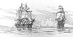 An illustration of HMS Leopard (right) firing on the USS Chesapeake in June 1807