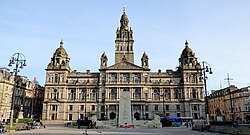 Glasgow City Chambers, located on George Square, is the headquarters of Glasgow City Council and the seat of local government in the city, circa 1900.